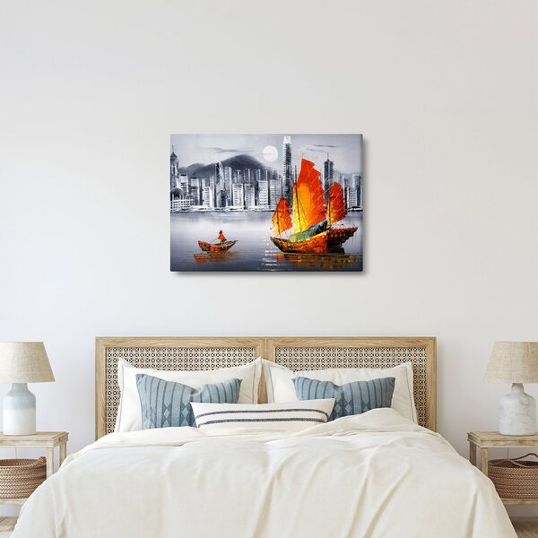 Slika - Victoria Harbor, Hong Kong, črno-bela oljna slika (70x50 cm)