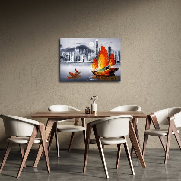 Slika - Victoria Harbor, Hong Kong, črno-bela oljna slika (70x50 cm)