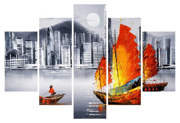 Slika - Victoria Harbor, Hong Kong, črno-bela oljna slika (150x105 cm)