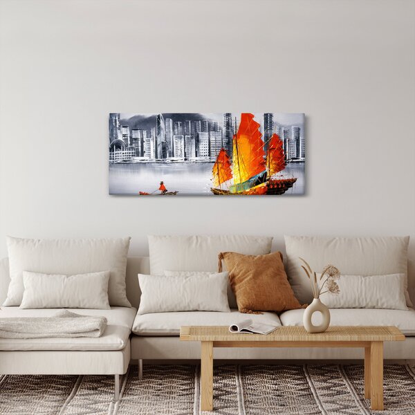 Slika - Victoria Harbor, Hong Kong, črno-bela oljna slika (120x50 cm)