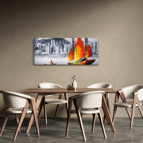 Slika - Victoria Harbor, Hong Kong, črno-bela oljna slika (120x50 cm)