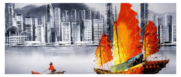 Slika - Victoria Harbor, Hong Kong, črno-bela oljna slika (120x50 cm)