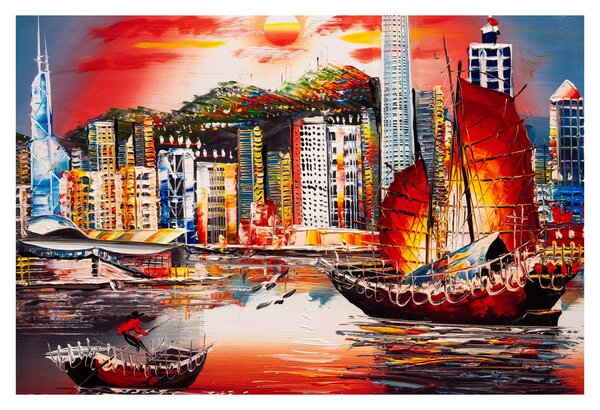 Slika - Victoria Harbour, Hong Kong, oljna slika (90x60 cm)