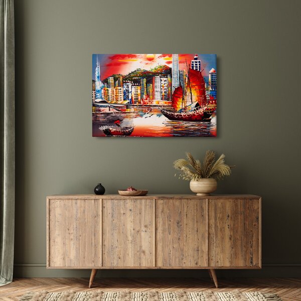 Slika - Victoria Harbour, Hong Kong, oljna slika (90x60 cm)