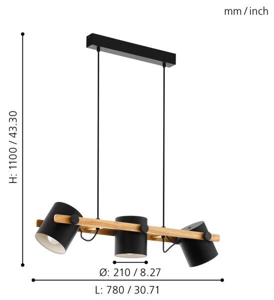 Eglo 43517 - Luster na sajli HORNWOOD 3xE27/60W/230V - FSC certificirano