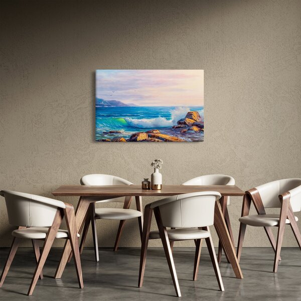 Slika valov, ki udarjajo v pečine, oljna slika (90x60 cm)