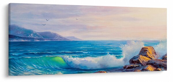 Slika valov, ki udarjajo v pečine, oljna slika (120x50 cm)