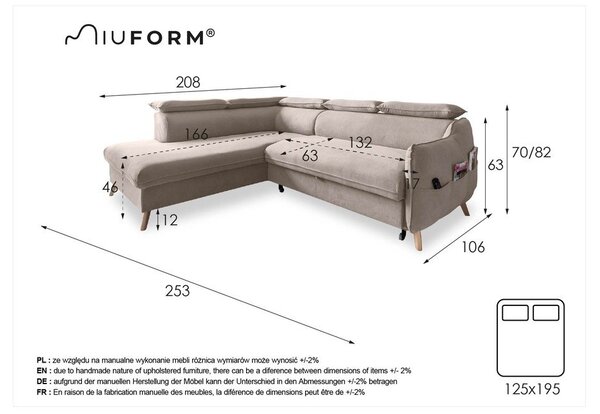 Svijetlo siva sklopiva kutna garnitura (s lijevim kutom) Sweet Harmony – Miuform