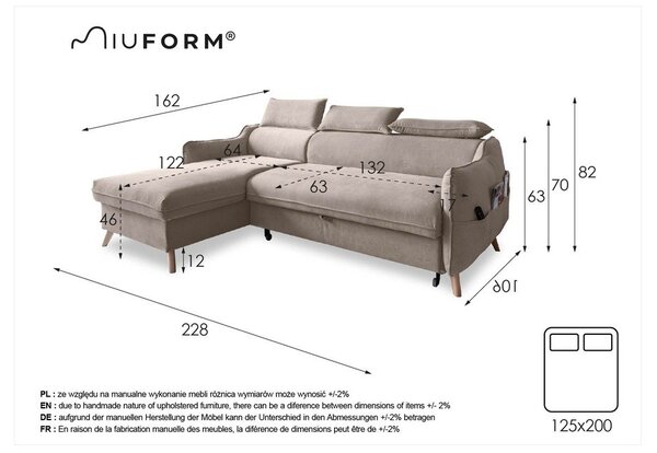 Svijetlo siva baršunasta sklopiva kutna garnitura (s lijevim kutom) Sweet Harmony – Miuform
