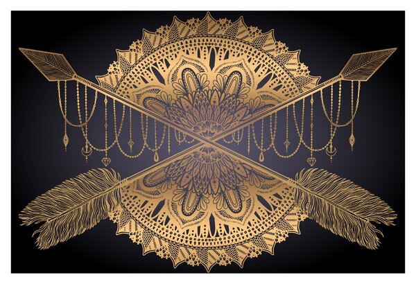 Slika - Zlata mandala s puščicami (90x60 cm)