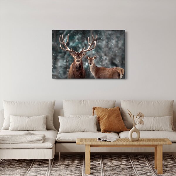 Slika - Jelen in srna v zasneženem gozdu (90x60 cm)