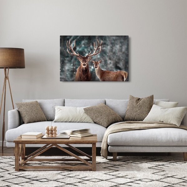 Slika - Jelen in srna v zasneženem gozdu (90x60 cm)