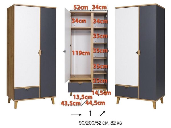 Ormar za garderobu Mimone SZ2D1SZ (hrast zlatni + bijela mat + grafit)
