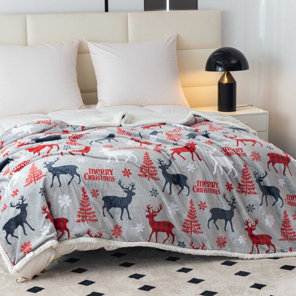 Božićna mikropliš deka s imitacijom ovčjeg krzna MERRY CHRISTMAS DEER siva Dimenzije: 160 x 200 cm