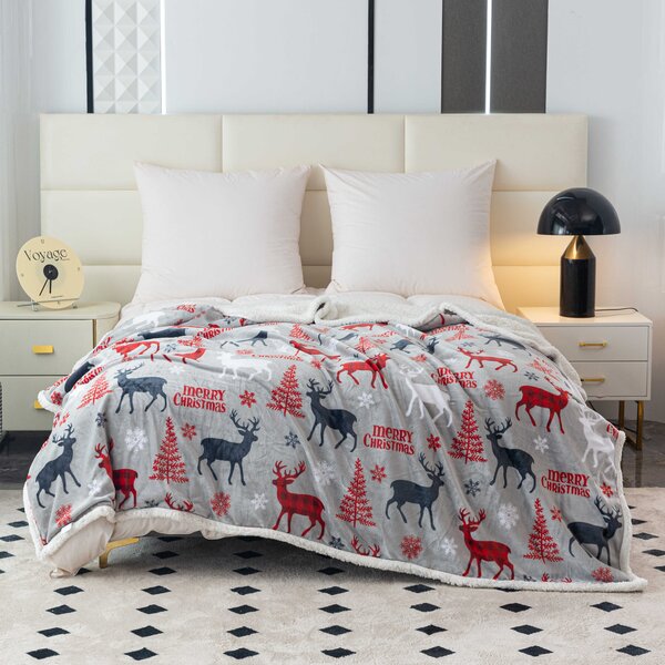 Božićna mikropliš deka s imitacijom ovčjeg krzna MERRY CHRISTMAS DEER siva Dimenzije: 160 x 200 cm
