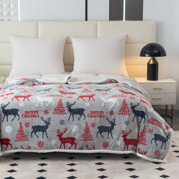 Božićna mikropliš deka s imitacijom ovčjeg krzna MERRY CHRISTMAS DEER siva Dimenzije: 160 x 200 cm