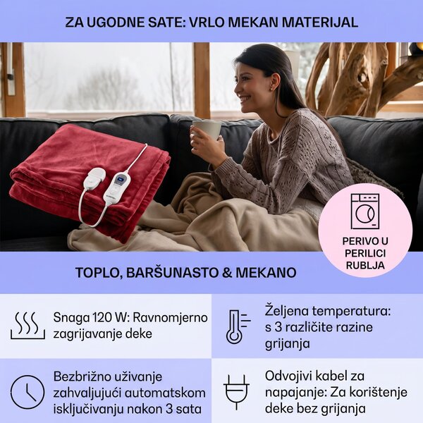 Klarstein DR. WATSON, 120 W, 180 x 130 cm, grijača deka, periva, bordo