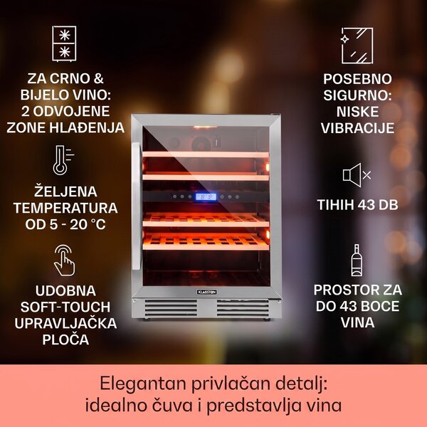 Klarstein Vinovilla Duo 42 2-zonski hladnjak za vino, 129l, 43 boce, 3 boje, staklena vrata