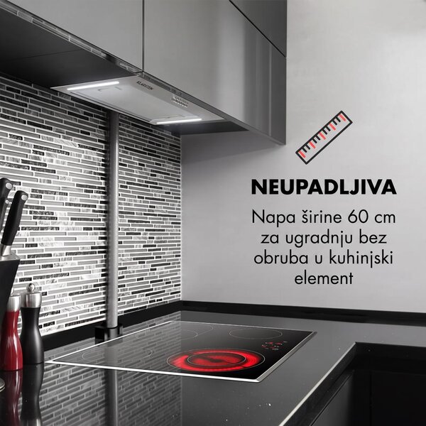 Klarstein Down Under 60, kuhinjska napa, ugradbena, 60 cm, 590 m³/h, LED, nehrđajući čelik