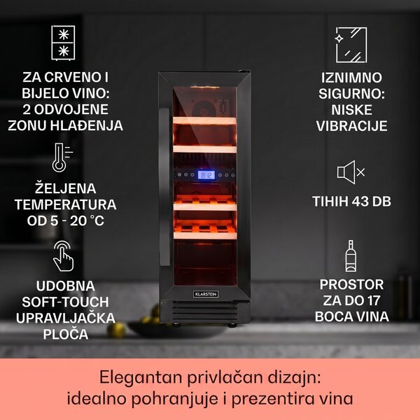 Klarstein Vinovilla 17 Built-in Duo Onyx Edition, dvozonska vinoteka, 53 l, 17 boca, trobojna staklena vrata