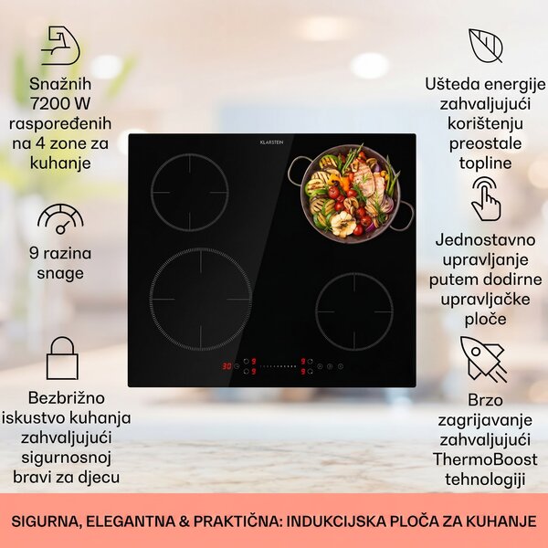 Klarstein Virtuosa EcoAdapt, indukcijska ploča za kuhanje, 4 zone, 7200 W, staklo, crna