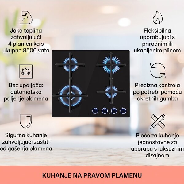 Klarstein Illuminosa 4, plinska ploča za kuhanje, 4 plamenika Sabaf, staklokeramika