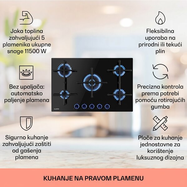 Klarstein Illuminosa 5, plinska ploča za kuhanje, 5 plamenika, crna