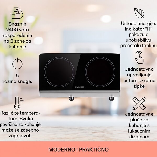 Klarstein Cookbuddy, dvostruka ploča za kuhanje, 2400 W, 5 nivoa snage, staklokeramika