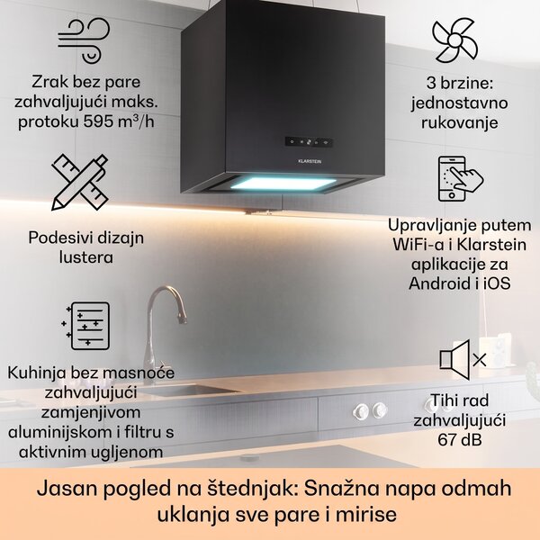 Klarstein Kronleuchter Smart, otočna napa, 595 m³ / h, upravljanje putem aplikacije, LED ploča
