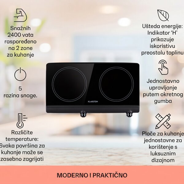 Klarstein Cookbuddy, dvostruka ploča za kuhanje, 2400 W, 5 nivoa snage, staklokeramika