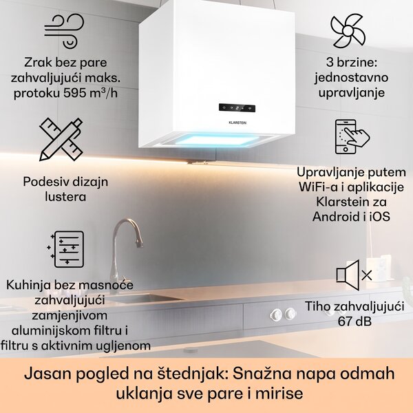 Klarstein Kronleuchter Smart, otočna napa, 595 m³ / h, kontrola primjene, LED ploča