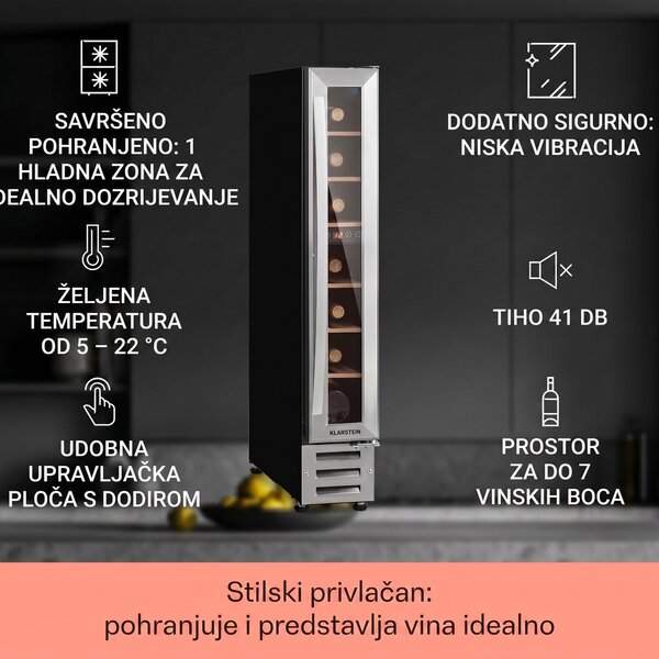 Klarstein Vinovilla 7, ugradbena, Uno, ugrađeni hladnjak za vino, staklo, nehrđajući čelik