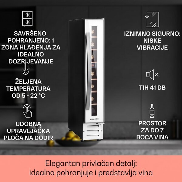 Klarstein Vinovilla 7, ugradbeni, Uno Quartz, ugrađeni hladnjak za vino, bijelo staklo, nehrđajući čelik