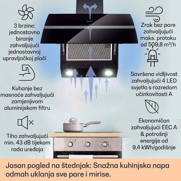 Klarstein Clara 60, napa, 591 m³ / h, ekran osjetljiv na dodir, ambijentalno pozadinsko osvjetljenje