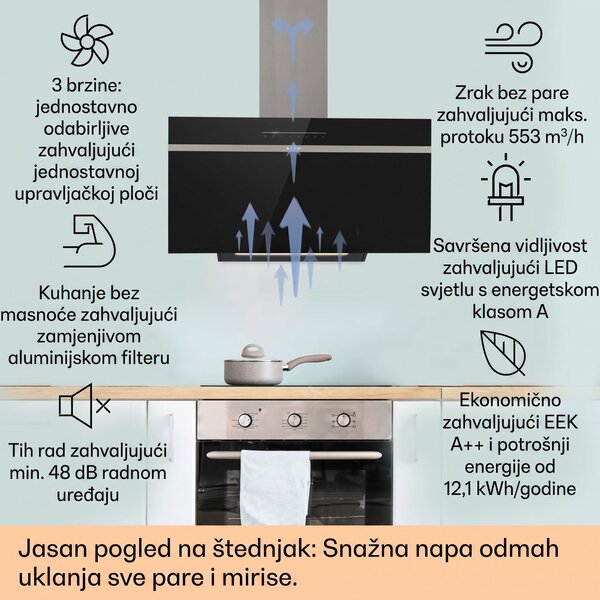 Klarstein Ava 90 Smart, kuhinjska napa, 90 cm, zidna, WiFi, A++, 585 m³/h, zaslon osjetljiv na dodir