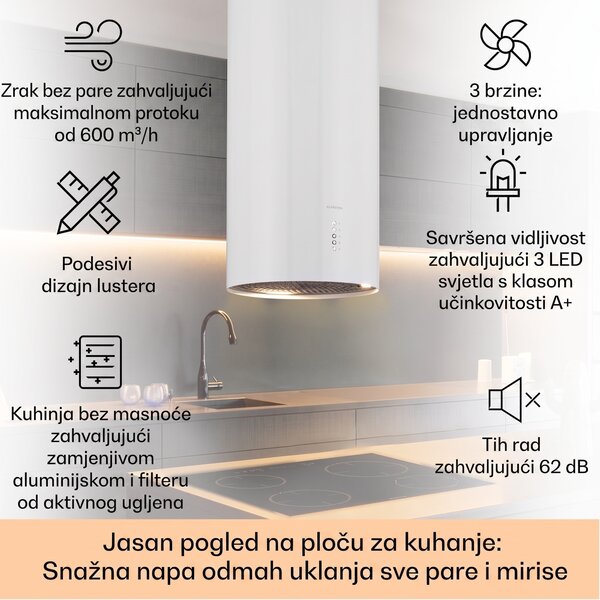 Klarstein Bolea, otočna napa, Ø38cm, recirkulacija/odvod zraka, 651m³/h, LED, uključujući filtere s aktivnim ugljenom