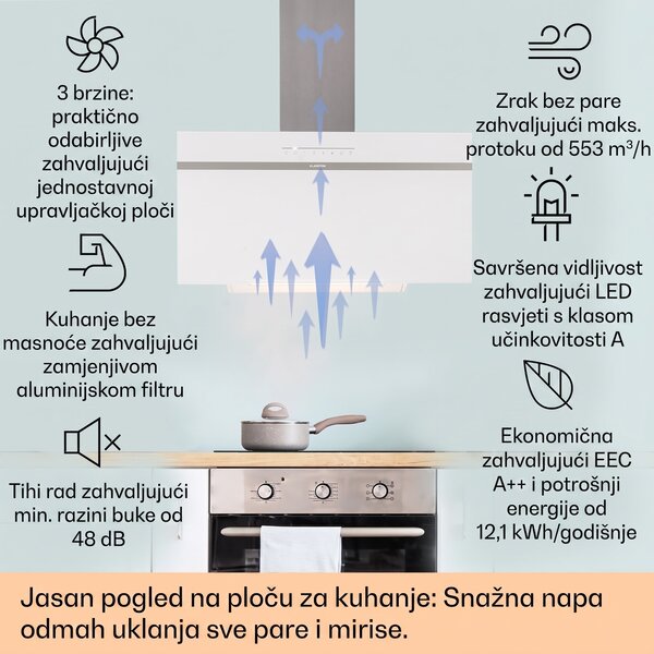Klarstein Ava 90 Smart, kuhinjska napa, 90 cm, zidna, WiFi, A++, 585 m³/h, zaslon osjetljiv na dodir