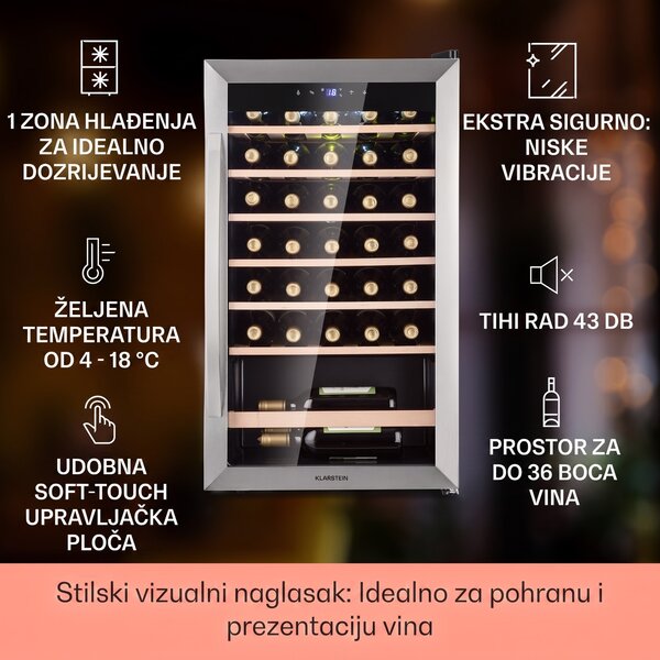 Klarstein Vinamour 32 Uno, vinska vitrina, 1 zona, 95 l / 36 boca, 4-18 °C, upravljanje na dodir