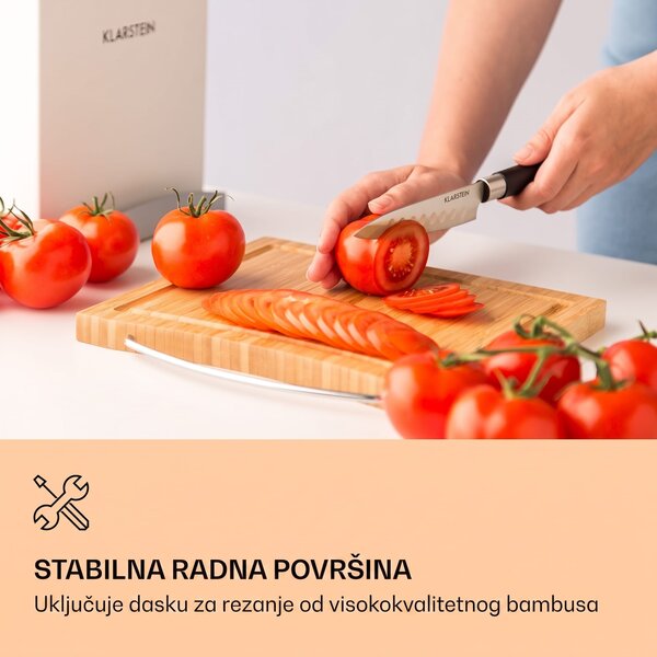 Klarstein Kitano Plus, set noževa, 9-dijelni set, drveno postolje, daska za rezanje od bambusa, bijela boja