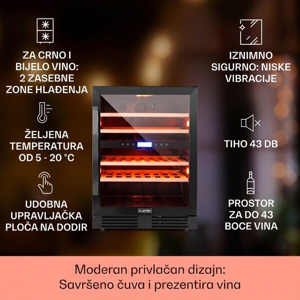 Klarstein Vinovilla Onyx 43, dvozonska vinoteka, 129 L, 43 fliaš, 3 boje