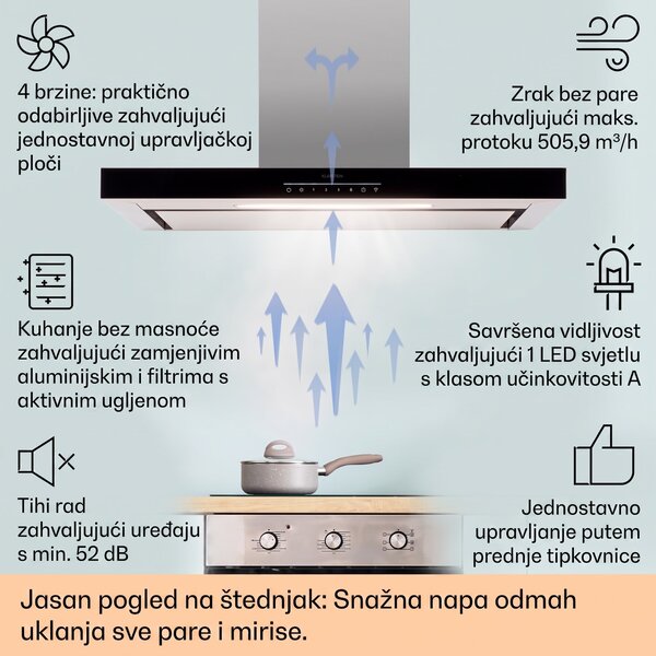 Klarstein Alinea 90 Smart, kuhinjska napa, 90 cm, zidna, WiFi, A++, 500 m³/h, zaslon osjetljiv na dodir