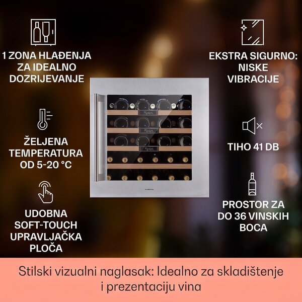 Klarstein Vinsider 36 Built-In Uno, ugradbeni ormarić za vino, 36 boca, 92 litre, nehrđajući čelik