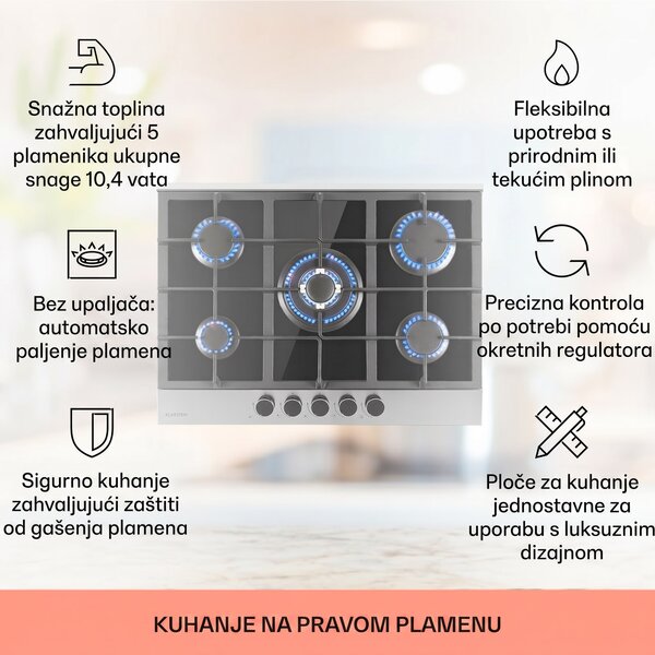 Klarstein Alchemist, 5-zonska plinska ploča kuhanje, aluminijski plamenici, staklokeramika, crna