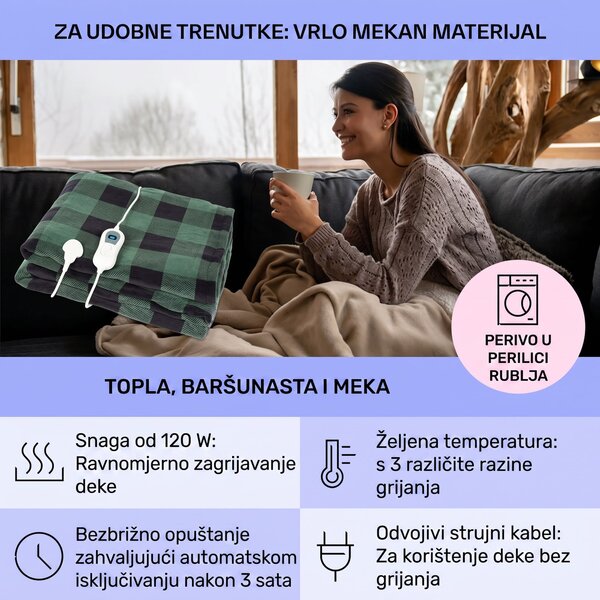 Klarstein Dr. Watson XXL, električna grijaća deka, 120 W, 200 x 180 cm, koraljno runo, zelena, četvrtasta