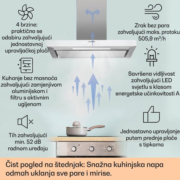 Klarstein Alinea 90 Smart, kuhinjska napa, 90 cm, zidna, WiFi, A++, 500 m³/h, zaslon osjetljiv na dodir