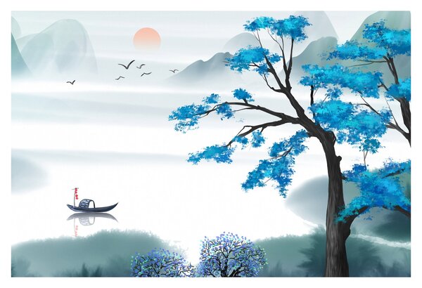 Slika - Naslikano jezero s čolnom (90x60 cm)
