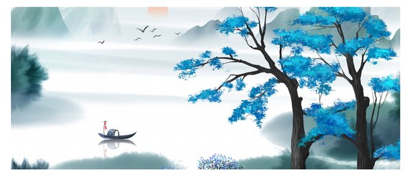 Slika - Naslikano jezero s čolnom (120x50 cm)