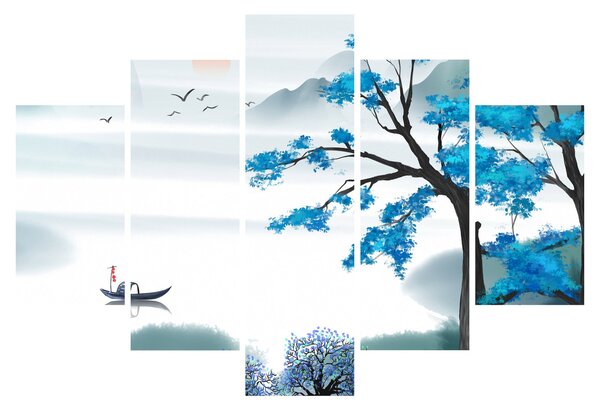 Slika - Naslikano jezero s čolnom (150x105 cm)
