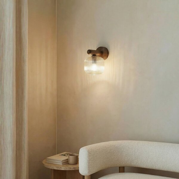TK Lighting Zidna svjetiljka Salvia, smeđa/konjak, staklo, visina 20 cm, E14, prigušiva, Drvo, Dnevni boravak/blagovaonica, Staklo