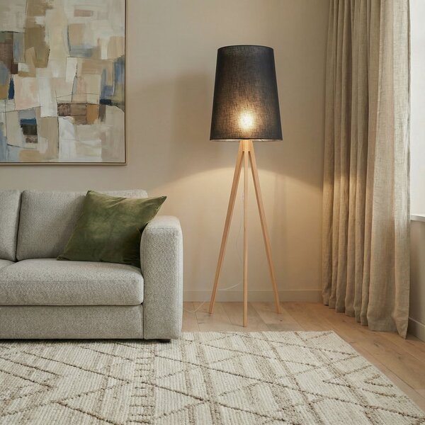 TK Lighting Walz podna lampa, crna, drvo, visina 175 cm, E27, Drvo, Dnevni boravak/blagovaonica, Drvo, tronožac